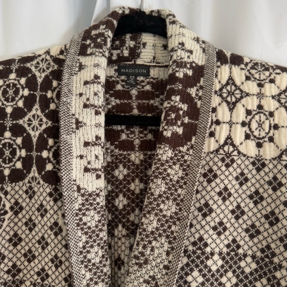 100% Wool Open Front Cardigan Brown Cream Geometric Scandi Pattern Medium - Picture 4 of 8